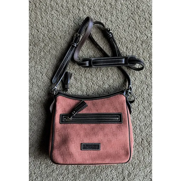Dooney & Bourke Crossbody Handbag Logo Fabric Classic Orange‎ Dark Brown Leather - Image 4