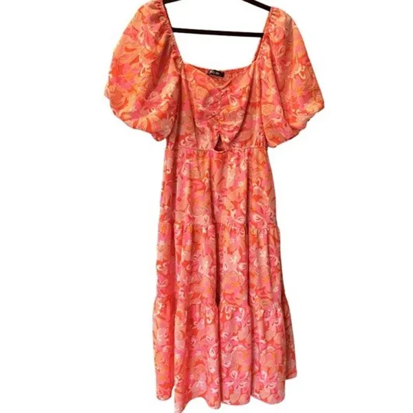 BTFBM Pink Orange Floral Chiffon Smocked Puff Sleeve Square Neck Midi Dress M - Image 4