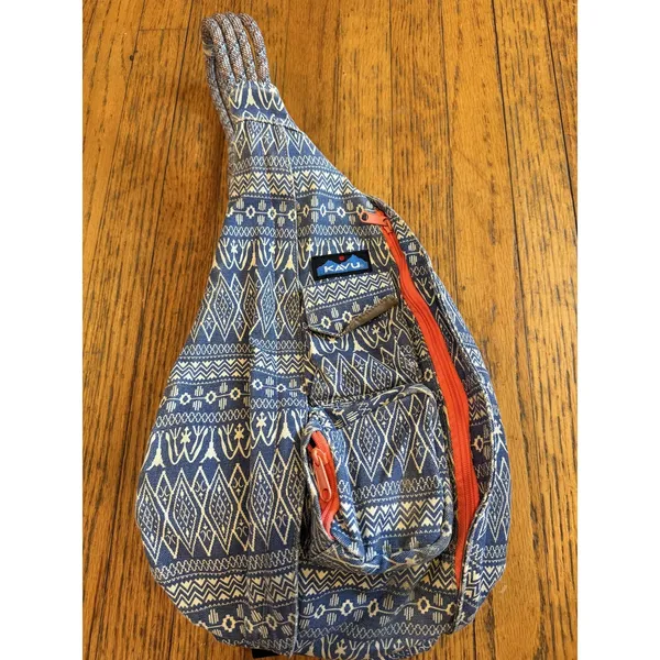 KAVU Rope Sling Bag Womens Blue White Aztec Pattern Canvas Crossbody Backpack - Image 8