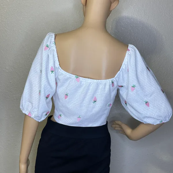 Strawberry Printed 5/8 Sleeve Waist Tie Crop Top White Pink Large - Image 7