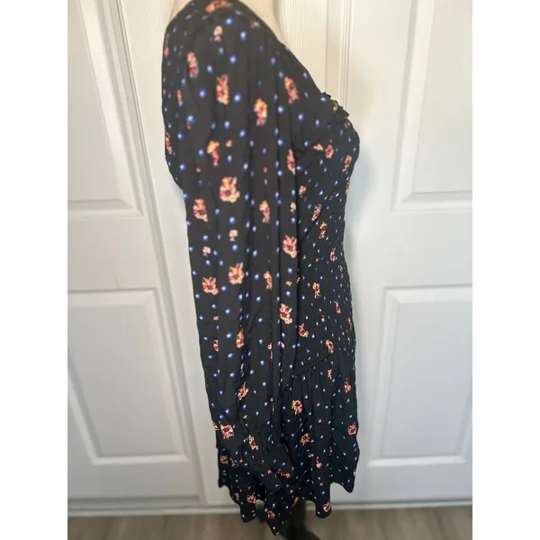 Free People Smocked Mini Dress M‎ Black Floral Square Neck Boho Long Sleeve - Image 5