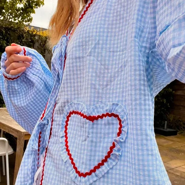 Med. Light Blue Med Gingham Long Sleeve Tie-Front Top with Red Heart Trim - Image 4
