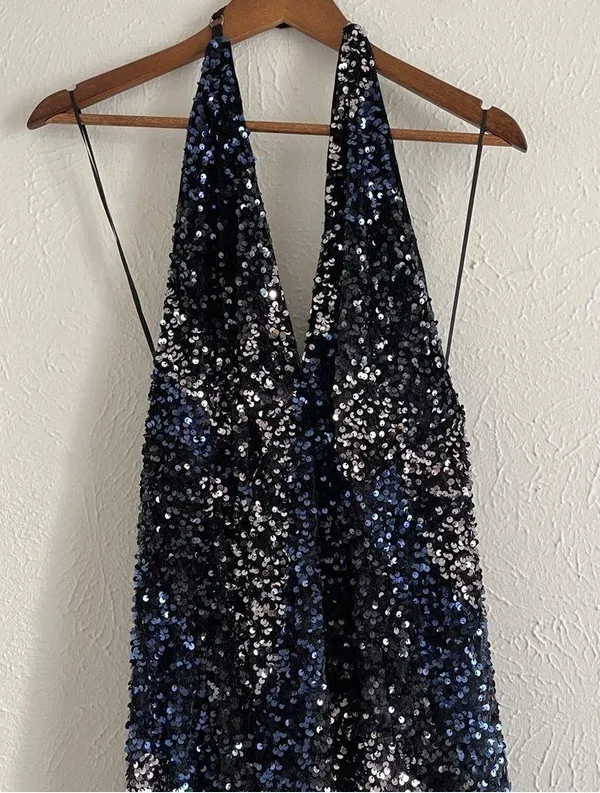 FREE PEOPLE Glitter & Gold Midi Sequined Halter Dress Size L Open Back - Image 3
