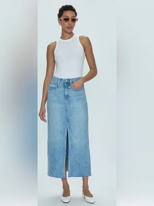 Pistola Alice Brooklyn High Rise Denim Midi Skirt 26 Raw Hem Slit 90s Western - Image 2