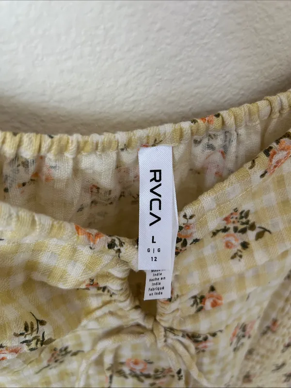 RVCA Gretel yellow gingham Floral smocked cottage puff Sleeve Mini Dress L - Image 4