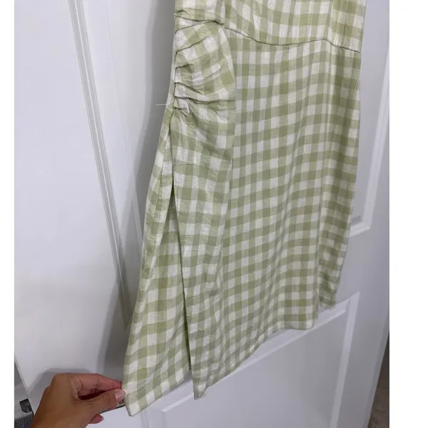 Weekend Los Angeles Green Gingham Linen Blend Ruched Side Slit Mini Dress M NWT - Image 4