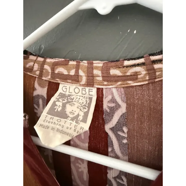 Globe Trotter Bali Women Brown Batik Asymmetrical Button Crinkle‎ Top Large - Image 3