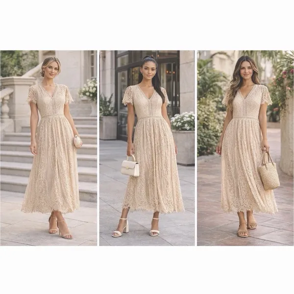 MEROKEETY Beige Nude Lace‎ Floral Maxi Dress Sz M Sheer Boho Romantic Fairy NWT - Image 2