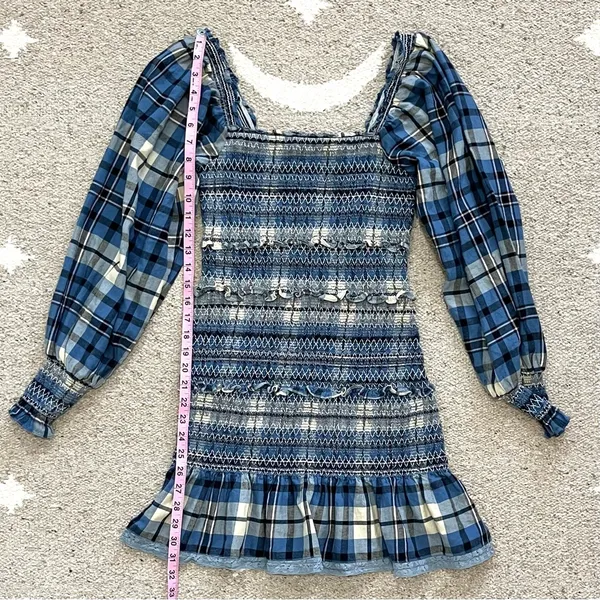 LoveShackFancy Stanley Blue Plaid Smocked Mini Dress Medium - Image 7