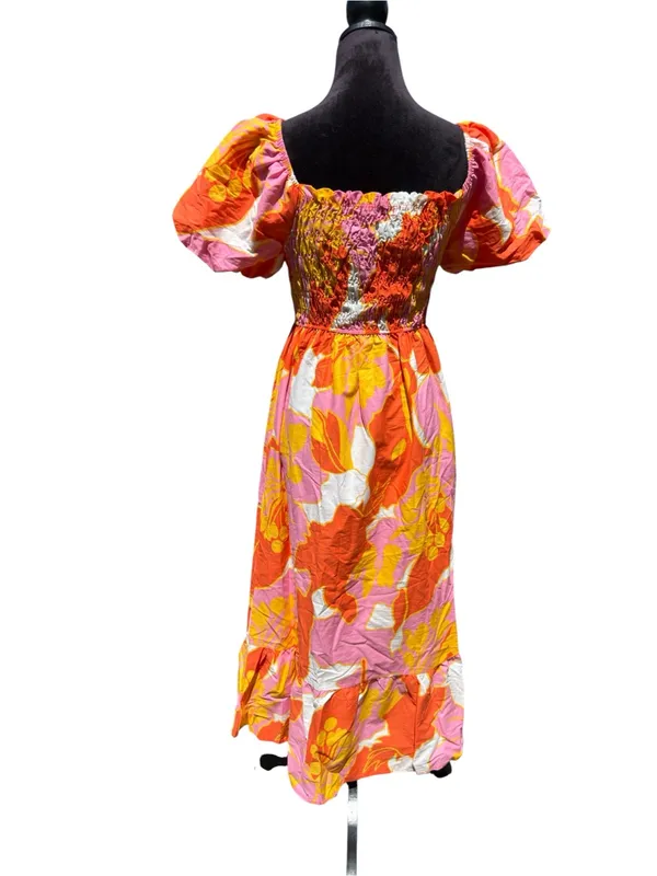 Ana & Rose Floral Smocked Midi Dress Puff Sleeve Tropical Boho Orange Pink L - Image 5