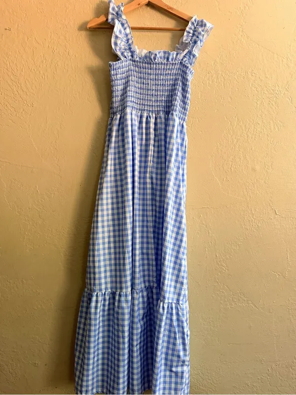 Smocked Gingham Maxi Dress with Ruffle Straps - Light Blue, length 52" - Image 3
