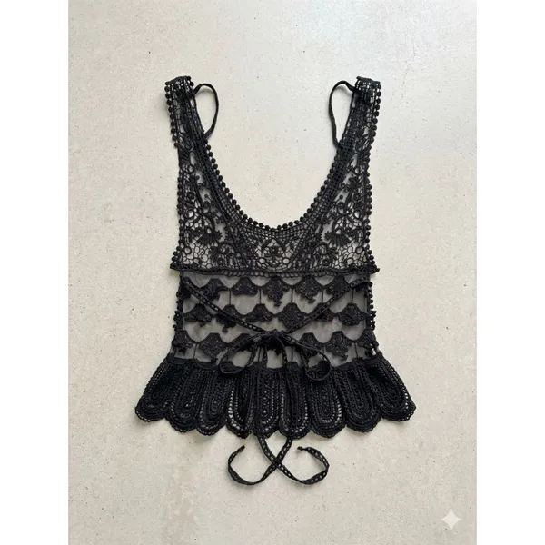 Y2K Vintage Black Crochet Lace Cami Tank Top Fairy Grunge Whimsigoth Festival - Image 3
