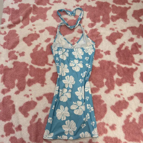 🌺 Y2K Blue Hibiscus Halter Mini Dress | Tropical Island Girl Beach Babe 🌴 - Image 3