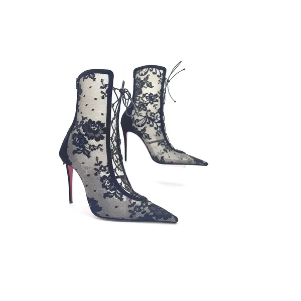 Christian Louboutin KM Lace Booty 100 Black Mesh Floral Lace Boots Sz 39.5 - Image 2