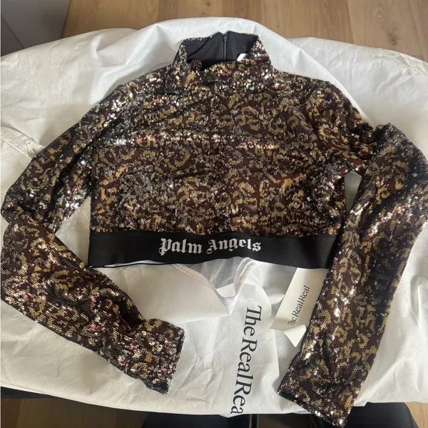Palm Angels Glittering Sequin Crop Top - Black and Gold - Image 8