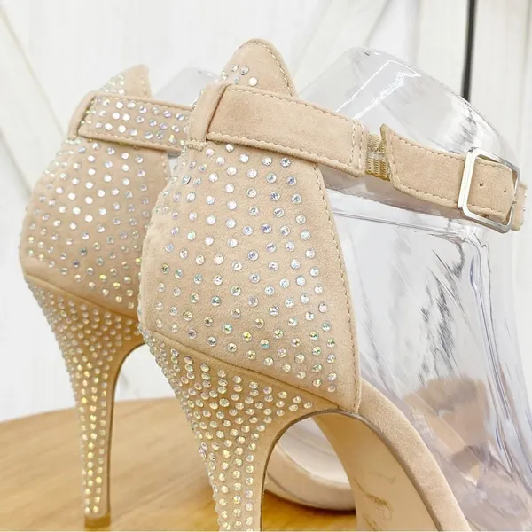 Anne Michelle Enzo‎ Rhinestone Faux Suede Strappy Heels Tan Open Toe 7.5 - Image 9