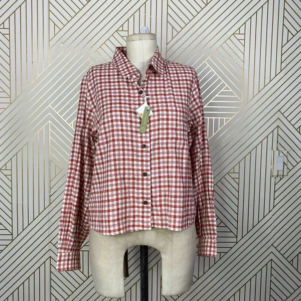 Marine Layer Madeline Relaxed Crop Shirt in Red & White‎ Plaid Size US Medium - Image 3