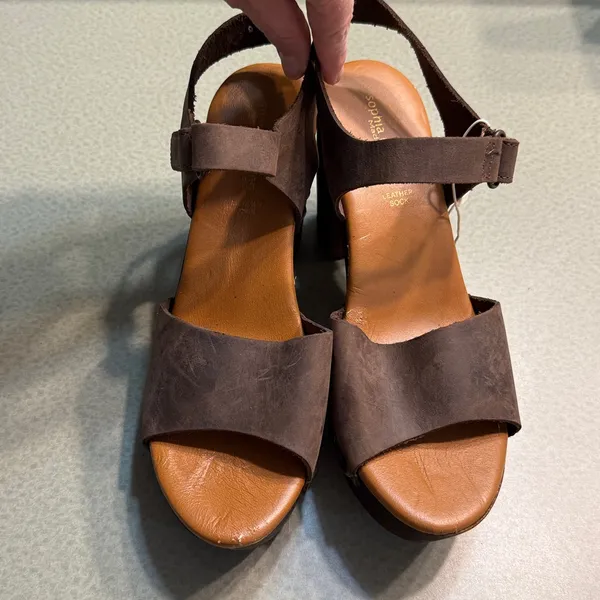 SOFIA MILANO Leather Chunky Heeled Sandals‎ Size 9 B14A Brown - Image 3