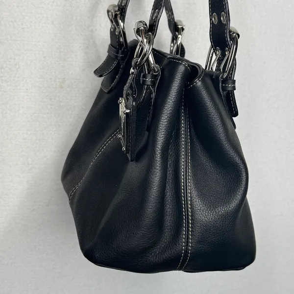 Tignanello Black Genuine Leather Satchel Handbag Buckle Top Handle Y2K - Image 13