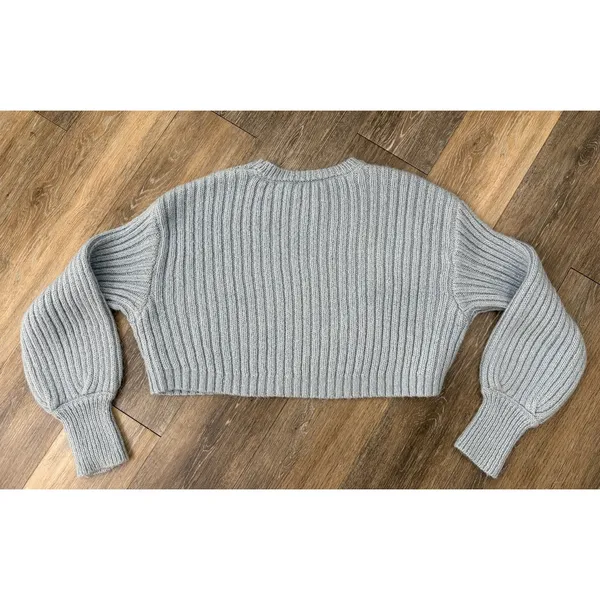 Altar'd State Crop Sweater Womens L Light Blue Rib Knit Balloon Sleeve - Image 2