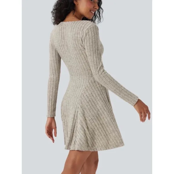 Halara Womens Long Sleeve Ribbed V-Neck Fit & Flare Mini Dress Oatmeal Grey‎ S - Image 11