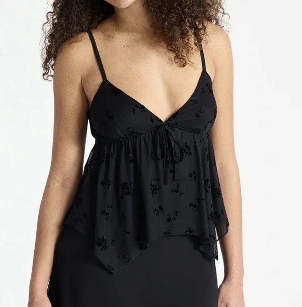 Black Silk Bow Flowy Tank Top - Image 2