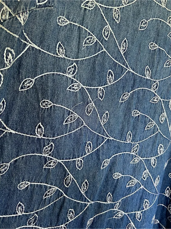 Vintage‎ J.L N.Y. Sport Denim Blue w/ White Embroidered Leaves Mini Dress Large - Image 3