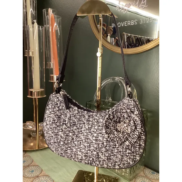 Black White Tweed Flower Rhinestone Shoulder Bag Hobo Purse with Scarf Accessory - Image 2