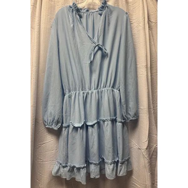 Women's Baby Blue Tiered Mini Dress Tie Front Balloon Long‎ Sleeve L - Image 2