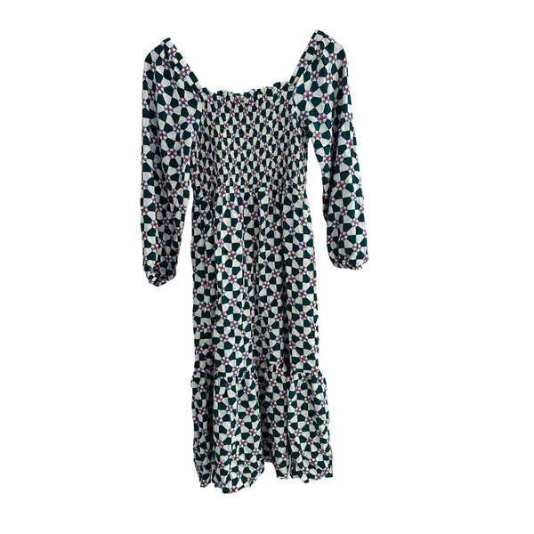 Hanna Andersson Geometric Floral Smocked Midi Dress Size XS Square Neck Casual - Image 3