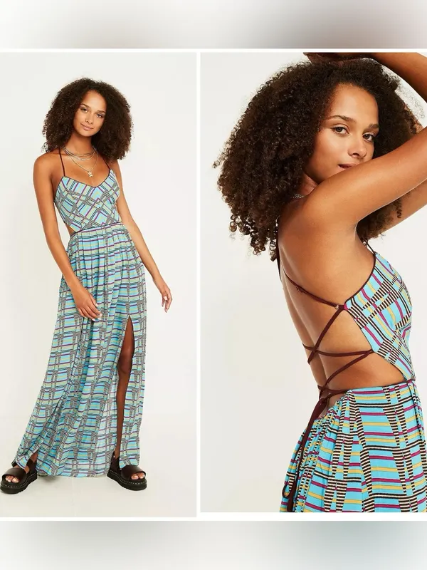 NWT Urban Outfitters UO Gia Open Back Flowy Boho Maxi Dress Medium Blue - Image 2