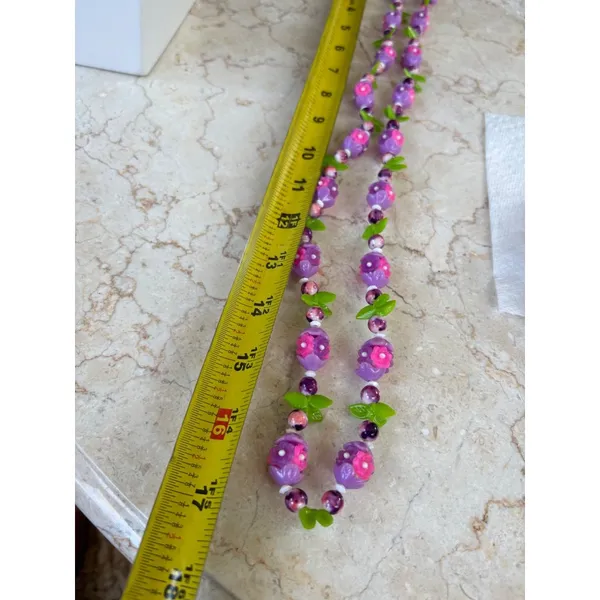 1960's style lucite Purple & Pink Floral Beaded Necklace With Green Leaf Accent - Image 2