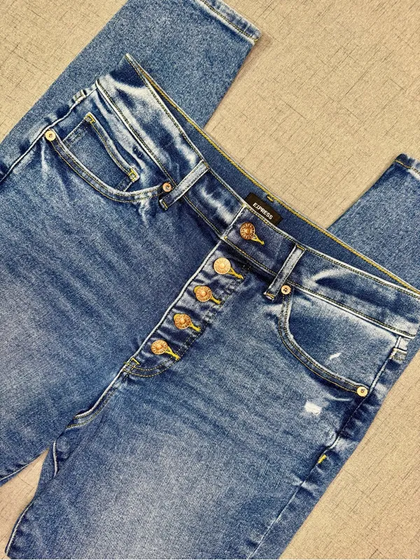 Express High Rise Skinny Jeans with Button Fly Distressed Size 10 Long Tall - Image 10