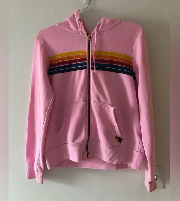 Aviator Nation 5 Stripe Hoodie in Heather Pink Rainbow Stripe Size Medium READ - Image 2