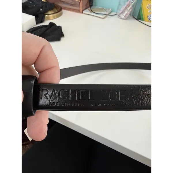 Rachel Zoe‎ Black Leather Belt High Shine Gold Interlocking Chain Link L NWT - Image 5