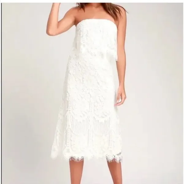 Lulus NWT White Lace Strapless Midi Dress medium - Image 6