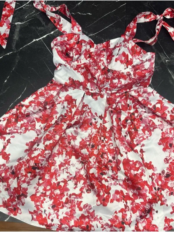 Source Unknown White Red Floral Mini Dress XS Tie Strap Sweetheart Summer Flowy Cute - Image 6