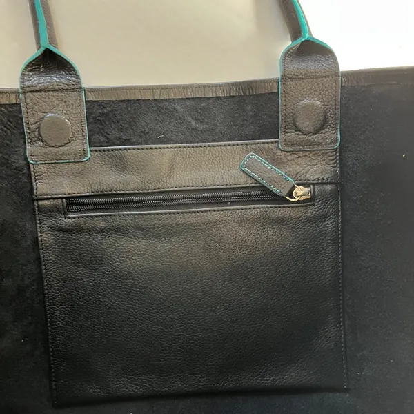 Black Deertan Cowhide Leather Tote Bag Teal Trim Classic‎ Minimalist Purse - Image 4