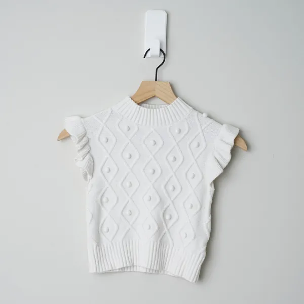 Vestique Cropped Sweater Vest Top Ruffle Cap Sleeves Pompom Jacquard Mock Neck M - Image 4