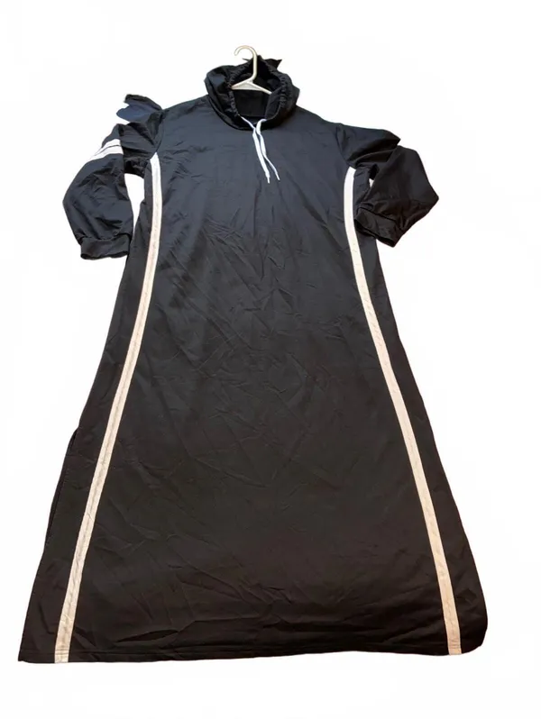 Black Drawstring Hoodie Maxi Dress White Contrast Racing Stripes 54”L - Image 3