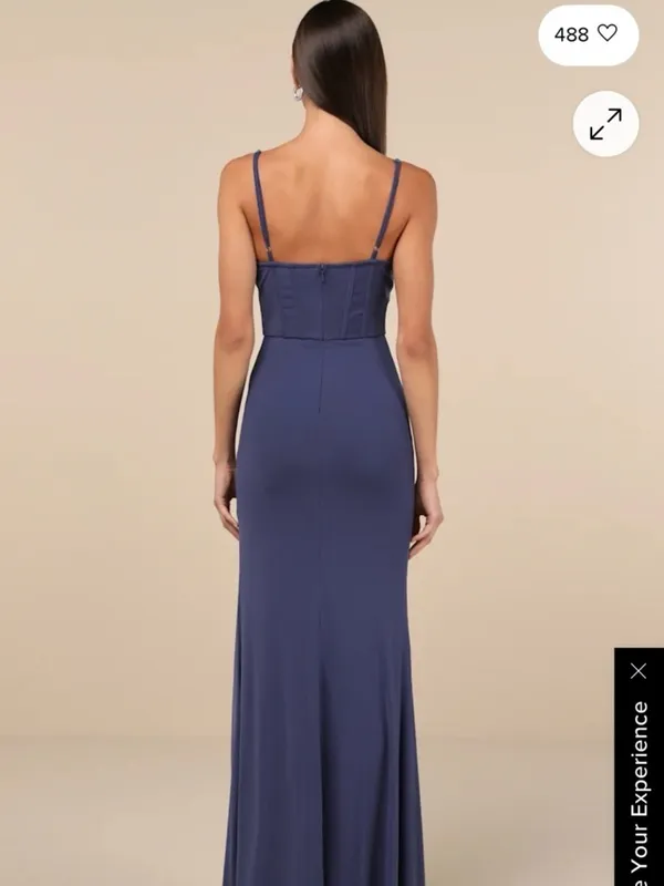 Lulus Flirty Composure Slate Blue Mesh Cowl Bustier Ruched Maxi Dress Small - Image 2
