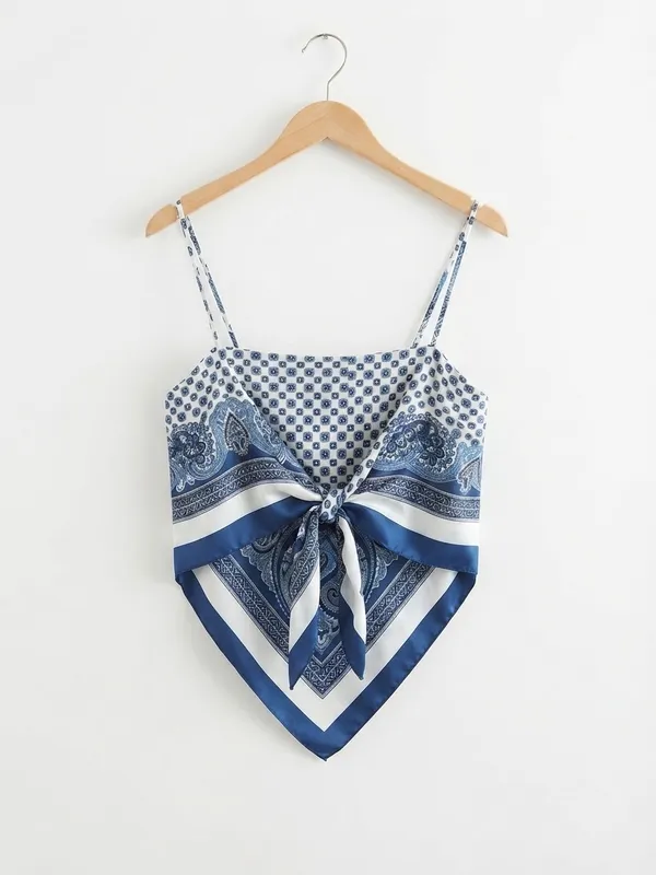 Zara Paisley Scarf Print Tie Back Handkerchief Cami Top Blue White XS-S NWT - Image 11