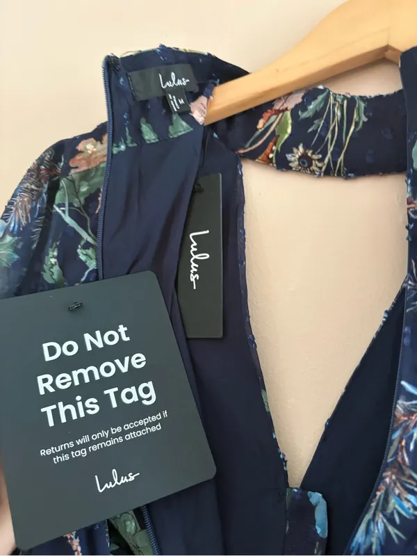 Lulus Fallyn Navy Floral Swiss Dot Long Sleeve Midi Dress Size Medium Tie Waist - Image 7