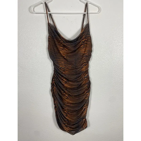 Princess Polly Tiger Print Ruched Mesh Mini Dress Size 2 Brown Black Y2K Party - Image 4