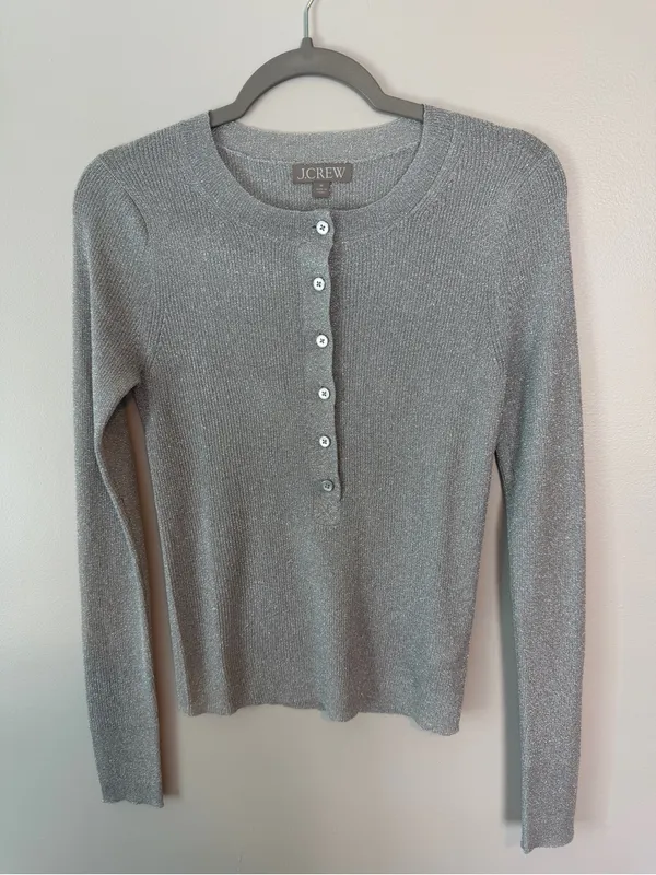 J.Crew Ribbed Henley Sweater Lurex NWT Silver Medium - Image 3