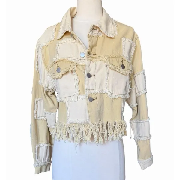 POL Patchwork Fringe Jacket Mixed Media Cropped Boho Raw Edge Button Front Small - Image 5