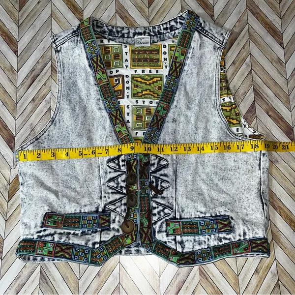 Don't Stop Denim Vest Womens M Blue Acid Wash Southwestern Boho Vtg 90s Artsy‎ - Image 10