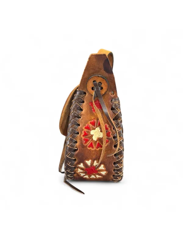 Vintage 70s Hand Tooled Brown Leather Floral Crossbody Boho Mexican Saddle Bag - Image 4