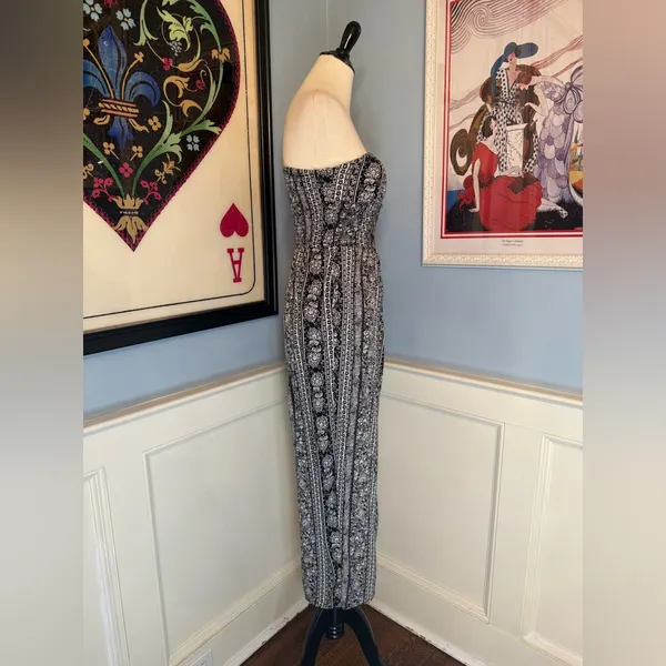 Strapless Black and White Geometric Print Wide Leg Jumpsuit Sz M - Image 3