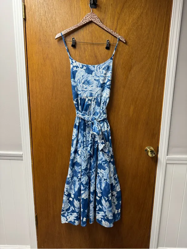Joie Sleeveless Cotton Blend Long Floral Tie Waist Midi Maxi Dress Blue 16 - Image 13